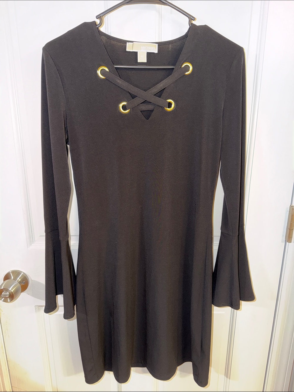 Michael Kors Black Lace-Up Bell Sleeve Mini Dress with Gold Eyelets size XS